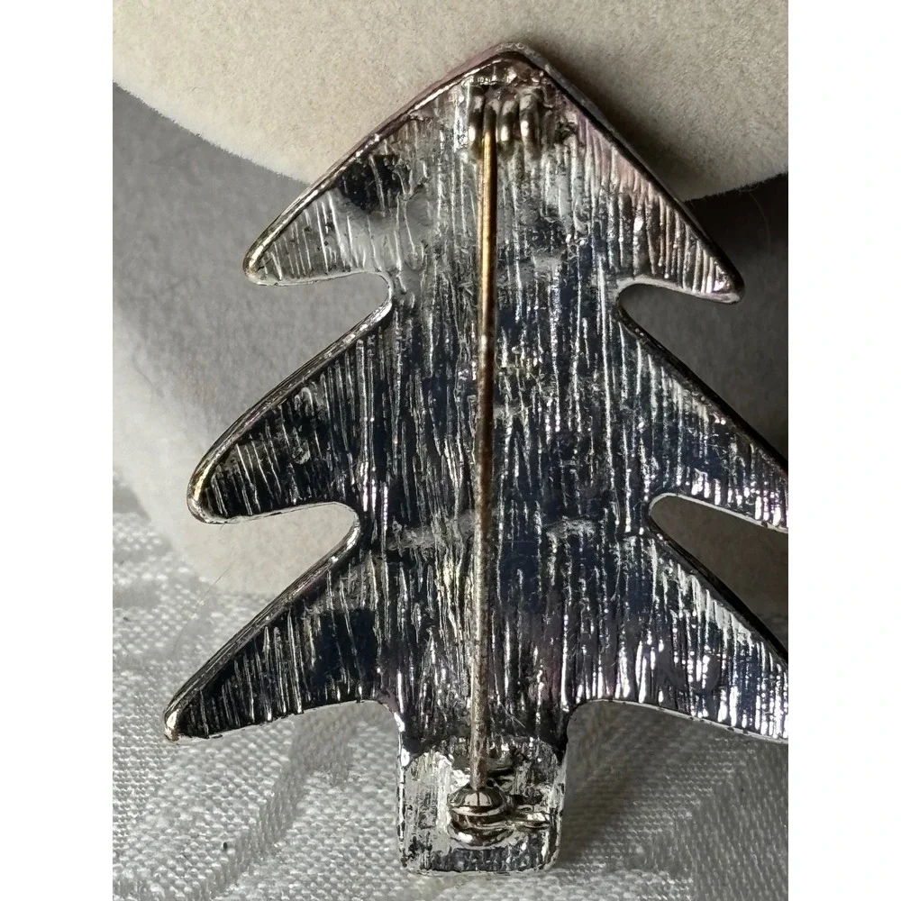 Silver Tone Christmas Tree Brooch Multi Color Cabochon Holiday Pin